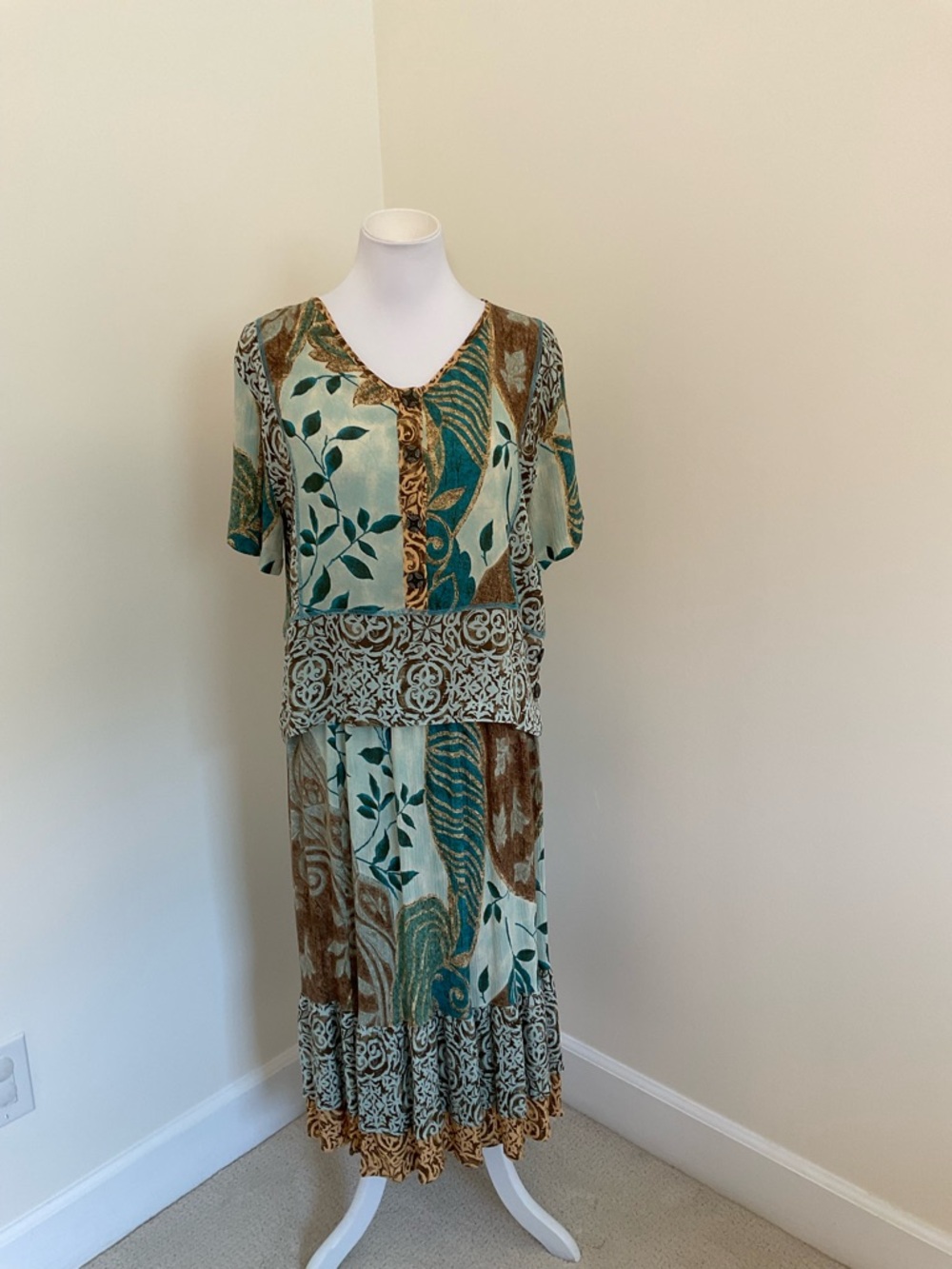 Draper's & Damon’s Two-Piece Rayon Skirt Set - Teal & Brown Swirl
